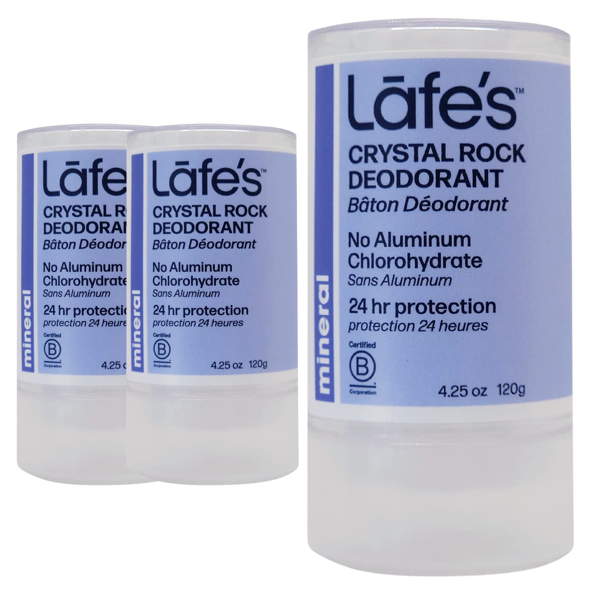 Lafe's | Unscented Crystal Mineral Rock Natural Deodorant for Women & Men | Vegan, Cruelty Free, Gluten Free, Paraben Free & Baking Soda Free with 24-Hour Protection; 3 Pack (4.25 oz each)