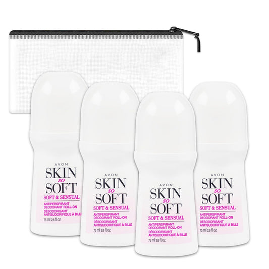 Avon Skin So Soft Deodorant - 4 Pack Soft and Sensual Anti-Perspirant Deodorant 2.6 Oz Bundle with Travel Case | Travel Size Deodorant Women