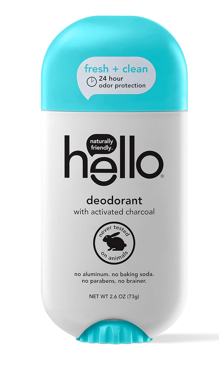 Hello Activated Charcoal Fresh and Clean Deodorant for Women and Men, Aluminum Free, Baking Soda Free, Parabens Free, 24 Hour Protection, 2.6 Ounce