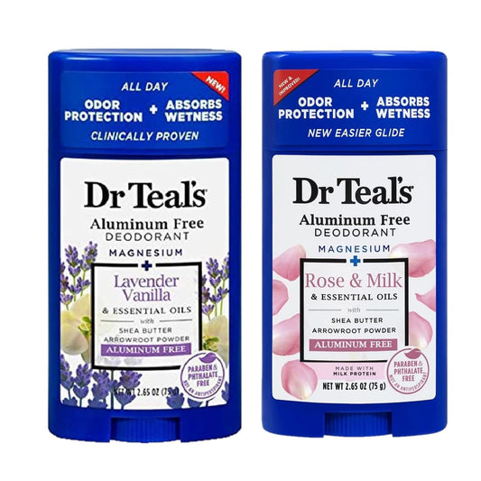 Dr. Teals Deodorant Variety Gift Set (2 Pack, 2.65oz Ea.) - Vanilla Lavender & Rose & Milk - Essential Oils, Shea Butter & Magnesium Help Absorb Moisture & Keep Skin Clean & Healthy