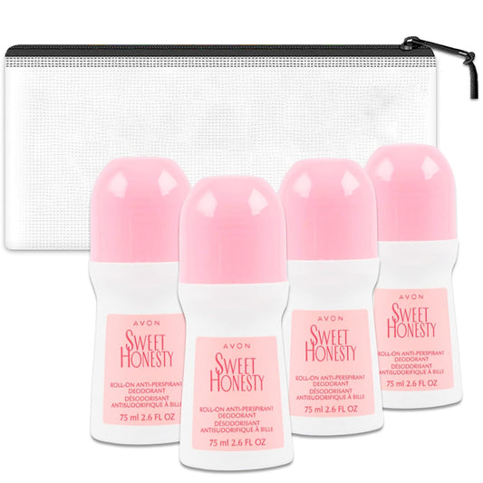 Avon Sweet Honesty Deodorant - 4 Pack of Sweet Honesty Anti-Perspirant Deodorant 2.6 Oz, Bundle with Travel Case | Travel Size Deodorant for Women