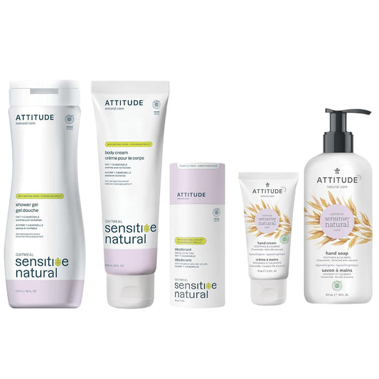 Bundle of ATTITUDE Chamomile Body Wash, Deodorant, Hand Soap, Hand Cream and Body Cream for Sensitive Skin, Enriched with Oatmeal, EWG Verified, Vegan Personal Care Products, Dermatologically Tested