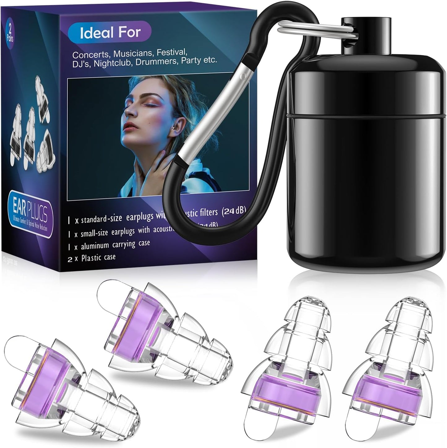 High Fidelity Concert Ear Plugs,Reusable Noise Cancelling Earplugs for Concerts,Noise Reduction,Musicians,Music Festival,DJ's,Nightclub,Raves Party,2 Pairs Hearing Protection-24dB