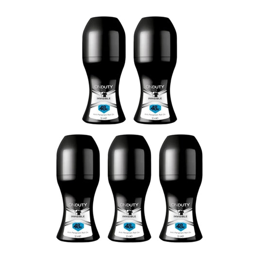 On Duty Invisible Men's Antiperspirant Roll On Deodorant 50 ml, Formula that does not cause yellow stains on clothes, Protective barrier against sweat with Dry pore technology (Pack Of 5)