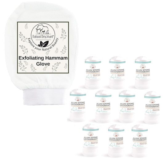 Fresh Skin Duo: Natural Elephant Alum Stone Deodorant Stick & Exfoliating Hammam Glove Pearl White