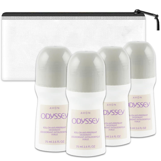 Avon Odyssey Deodorant - 4 Pack of Odyssey Anti-Perspirant Deodorant 2.6 Oz, Bundle with Travel Case | Travel Size Deodorant for Women