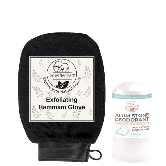 Freshness & Renewal Bundle: Natural Elephant Alum Stone Deodorant Stick and Exfoliating Hammam Glove Pure Black