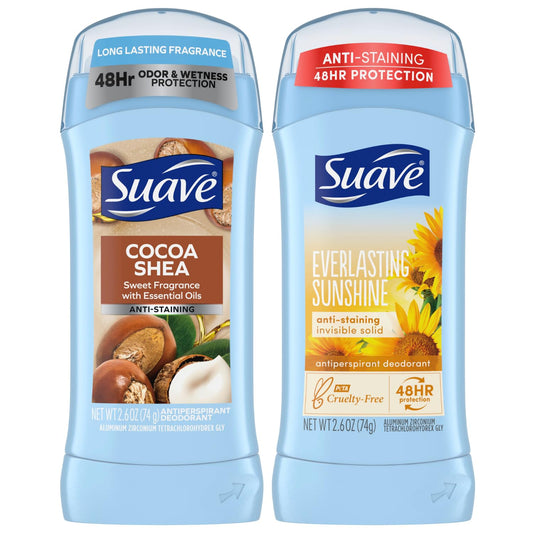 Suave Deodorant Antiperspirant for Women, Variety Pack – Everlasting Sunshine + Cocoa Butter & Shea, Invisible Solid, 48H Protection, Anti-Staining, 2.6 Oz Ea (2 Piece Set)