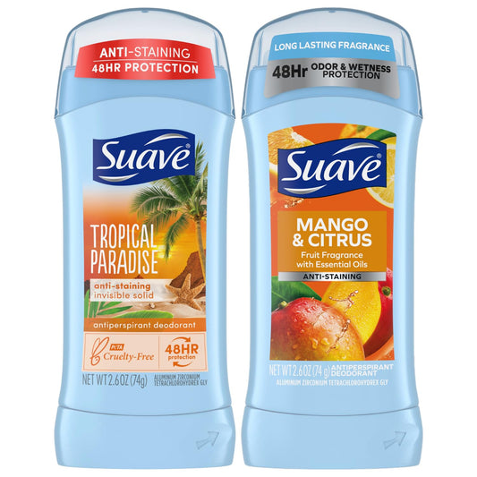 Suave Deodorant Antiperspirant for Women, Variety Pack – Tropical Paradise + Mango & Citrus, Invisible Solid, 48H Protection, Anti-Staining, 2.6 Oz Ea (2 Piece Set)