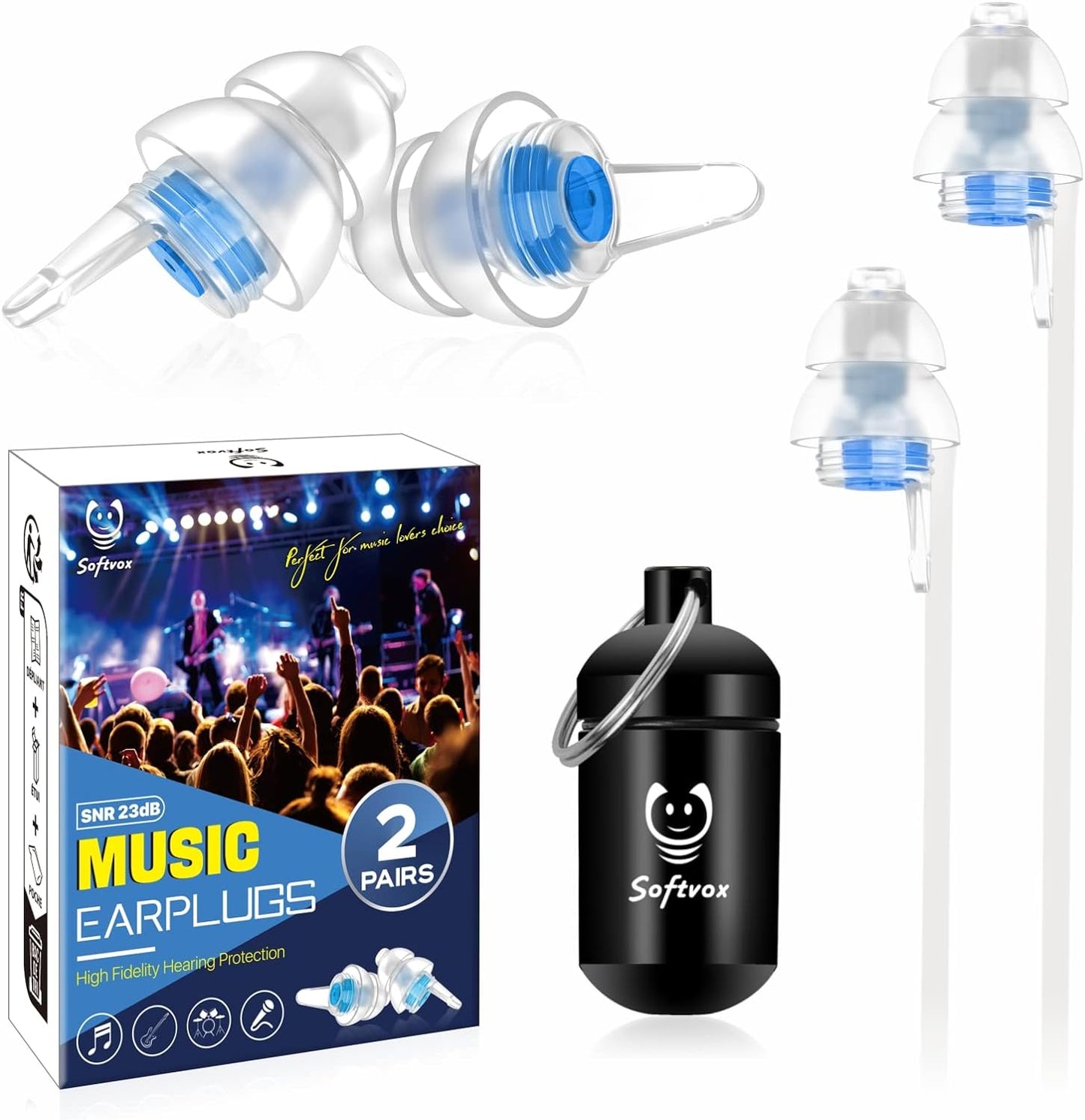 Concert Ear Plugs 2 Pairs, Noise Reduction Music Earplugs for Musicians, DJs, Festival, Raves, Loud Noise, Hearing Protection for Adult/Kids 12+, incl Connector Cord & Aluminum Case