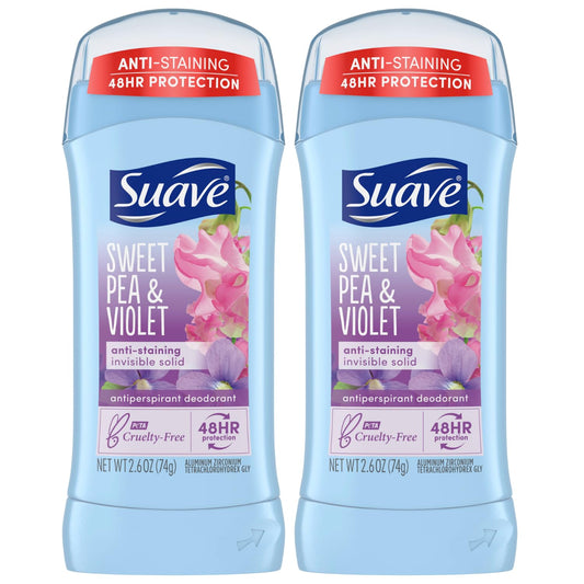 Suave Deodorant for Women, Sweet Pea & Violet – Invisible Solid Antiperspirant Deodorant Stick, 48H Protection, Anti-Staining, Cruelty-Free, Scented, 2.6 Oz (Pack of 2)