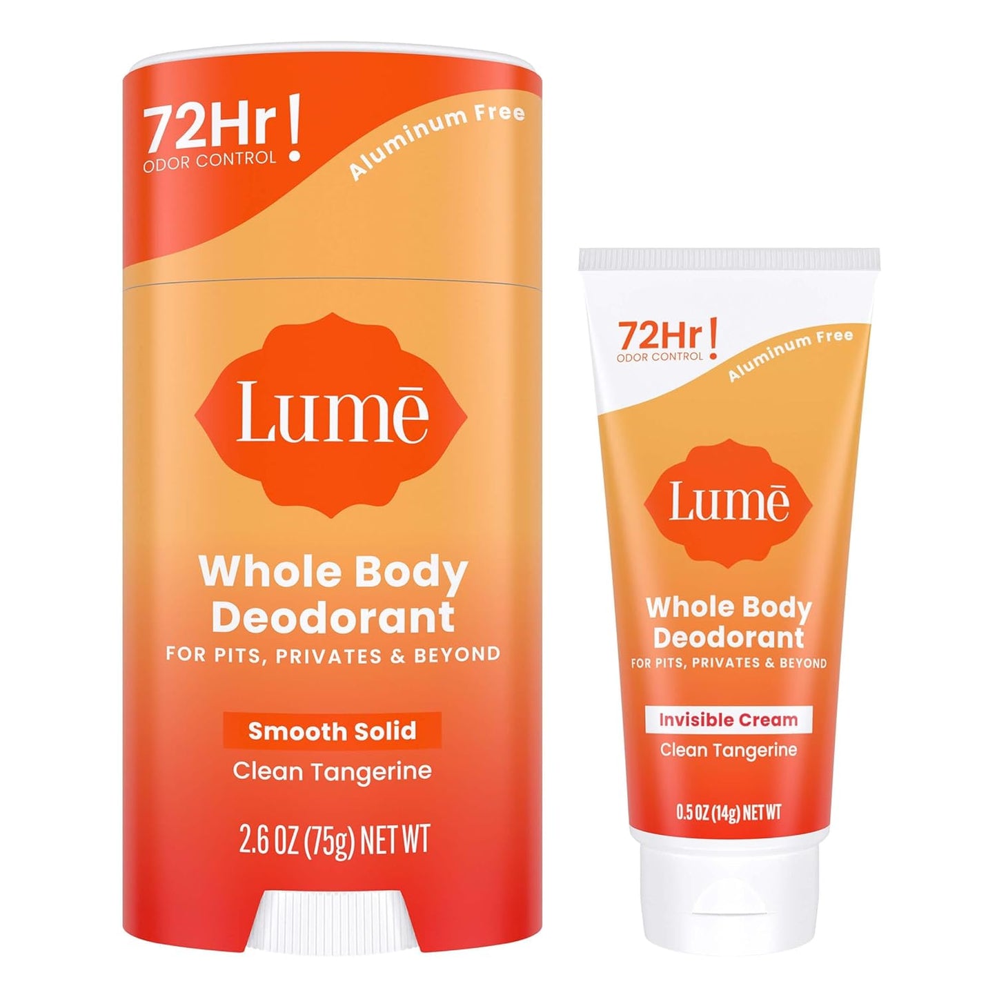 Lume Whole Body Deodorant - Invisible Cream Tube Mini and Solid Stick - 72 Hour Odor Control - Aluminum Free, Baking Soda Free, Skin Safe - 0.5 Oz Mini Tube + 2.6 Oz Solid Stick (Clean Tangerine)