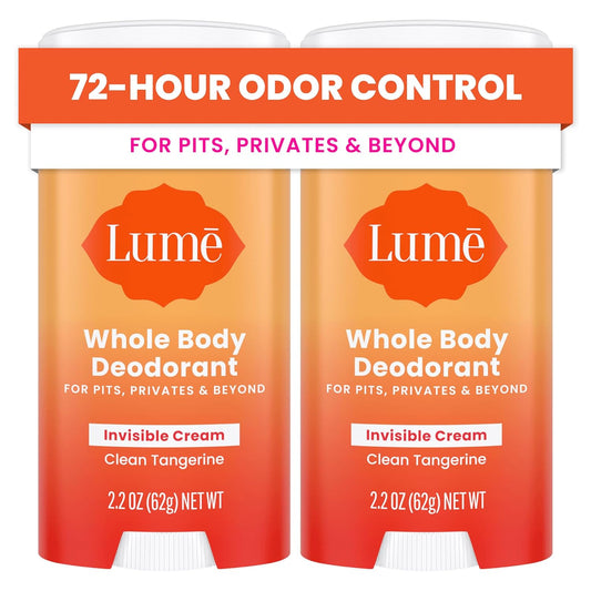 Lume Whole Body Deodorant - Invisible Cream Stick - 72 Hour Odor Control - Aluminum Free, Baking Soda Free, Skin Safe - 2.2 Ounce (Pack of 2) (Clean Tangerine)