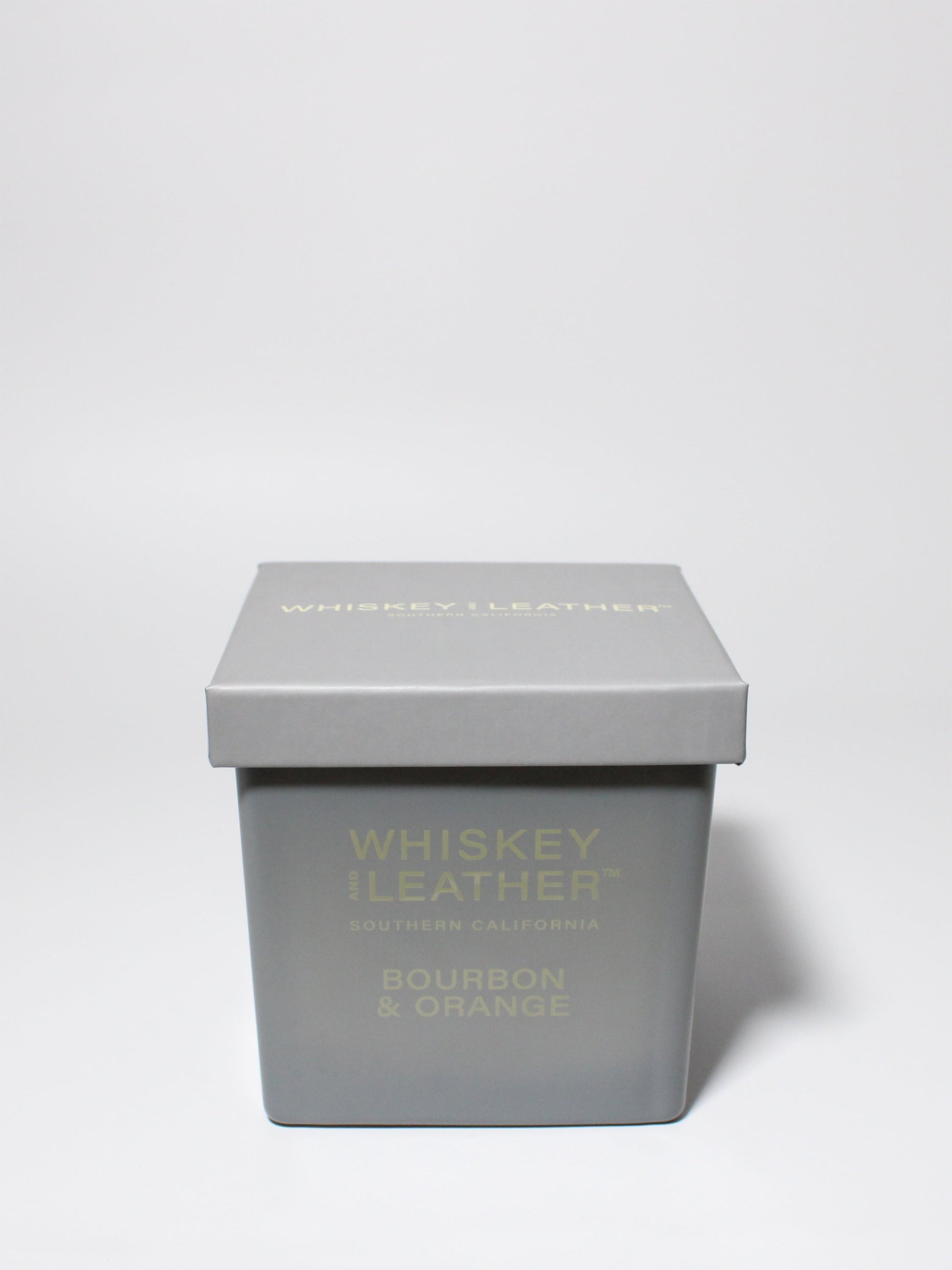 Whiskey and Leather Bourbon & Orange 16 oz scented candle Gray vessel with gray lid