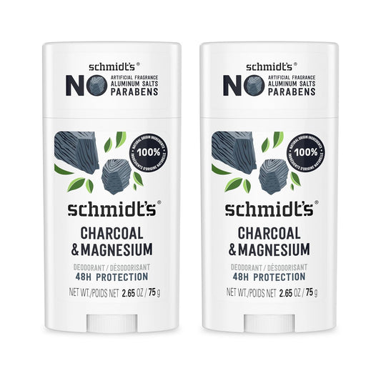 Schmidt's Aluminum-Free Vegan Deodorant Charcoal & Magnesium with 24 Hour Odor Protection, 2 Count for Women and Men, Natural Ingredients, Cruelty-Free, 2.65 oz