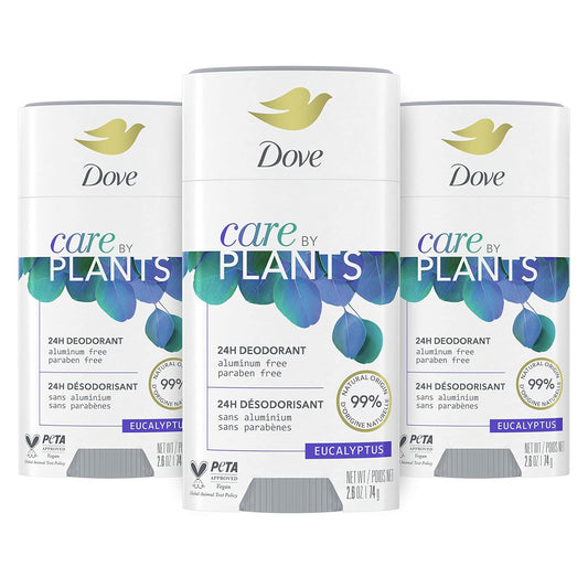 Dove Care by Plants Deodorant Stick for underarm skin care and 24 hour deodorant protection Eucalyptus no aluminum deodorant, 2.6 oz - Pack of 3