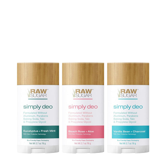 Raw Sugar Aluminum Free Deodorant Stick, Simply Deo Variety Bundle (Pack of 3) Whole Body Deodorant for Women & Men, Clean Formulated without Baking Soda, Talc & Parabens, Variety Pack