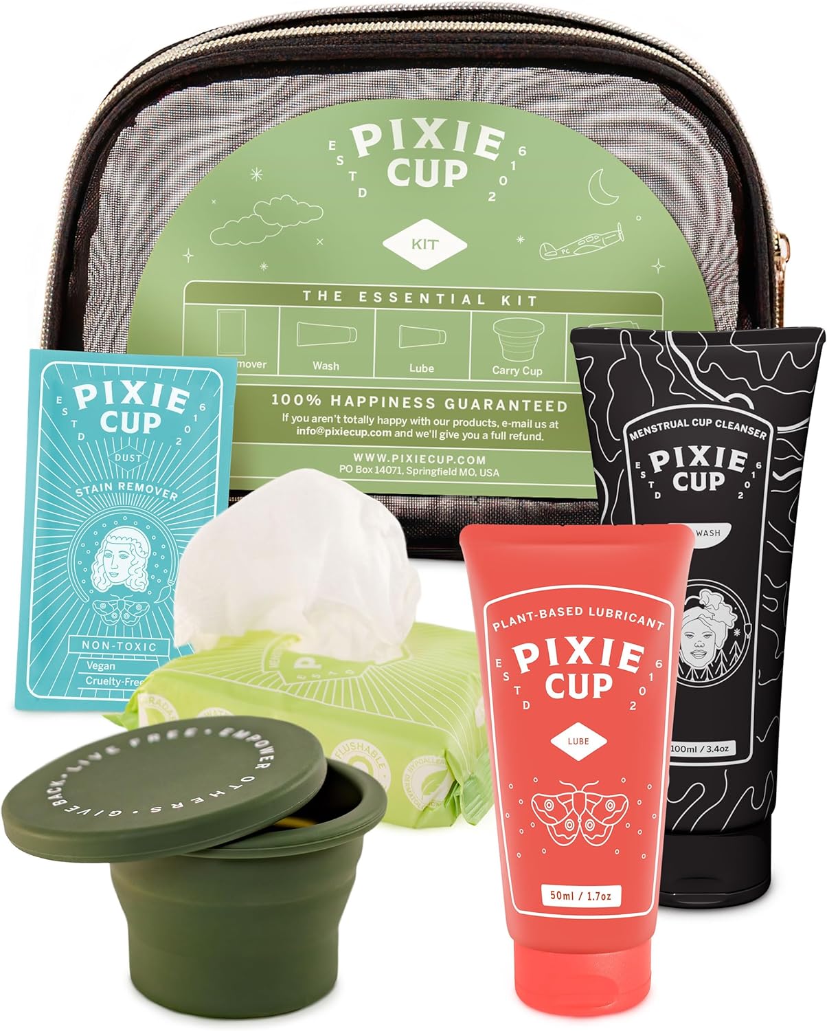 Pixie Cup Menstrual Cup Cleaner Kit - Sterilizer Wash, Public Restroom Carry Cup, 20 Wipes, Stain Remover Sample & Lube for Easy Insertion for Period Cups - All Cup Owners Need - Travel Size Kit