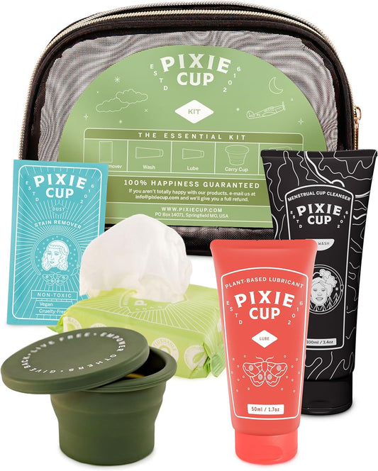 Pixie Cup Menstrual Cup Cleaner Kit - Sterilizer Wash, Public Restroom Carry Cup, 20 Wipes, Stain Remover Sample & Lube for Easy Insertion for Period Cups - All Cup Owners Need - Travel Size Kit