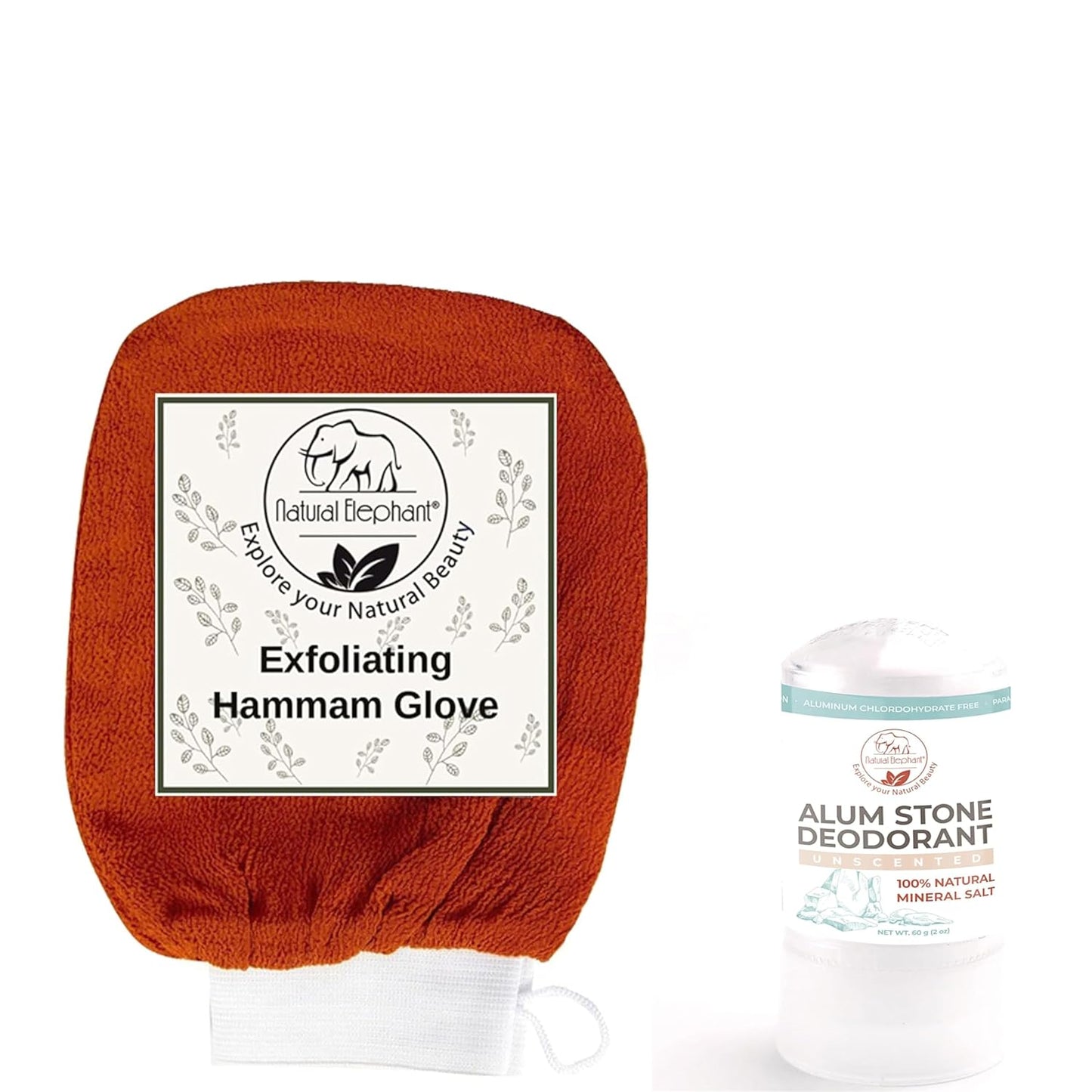 Freshness & Renewal Bundle: Natural Elephant Alum Stone Deodorant Stick and Exfoliating Hammam Glove Burnt Orange