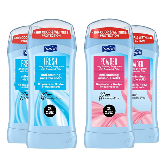 Suave Deodorant Women, Antiperspirant, Powder and Fresh Bundle, 48-Hour Odor & Wetness Protection, with Essential Oils, anti-staining, no baking soda Bundle 4 x 2.6 oz