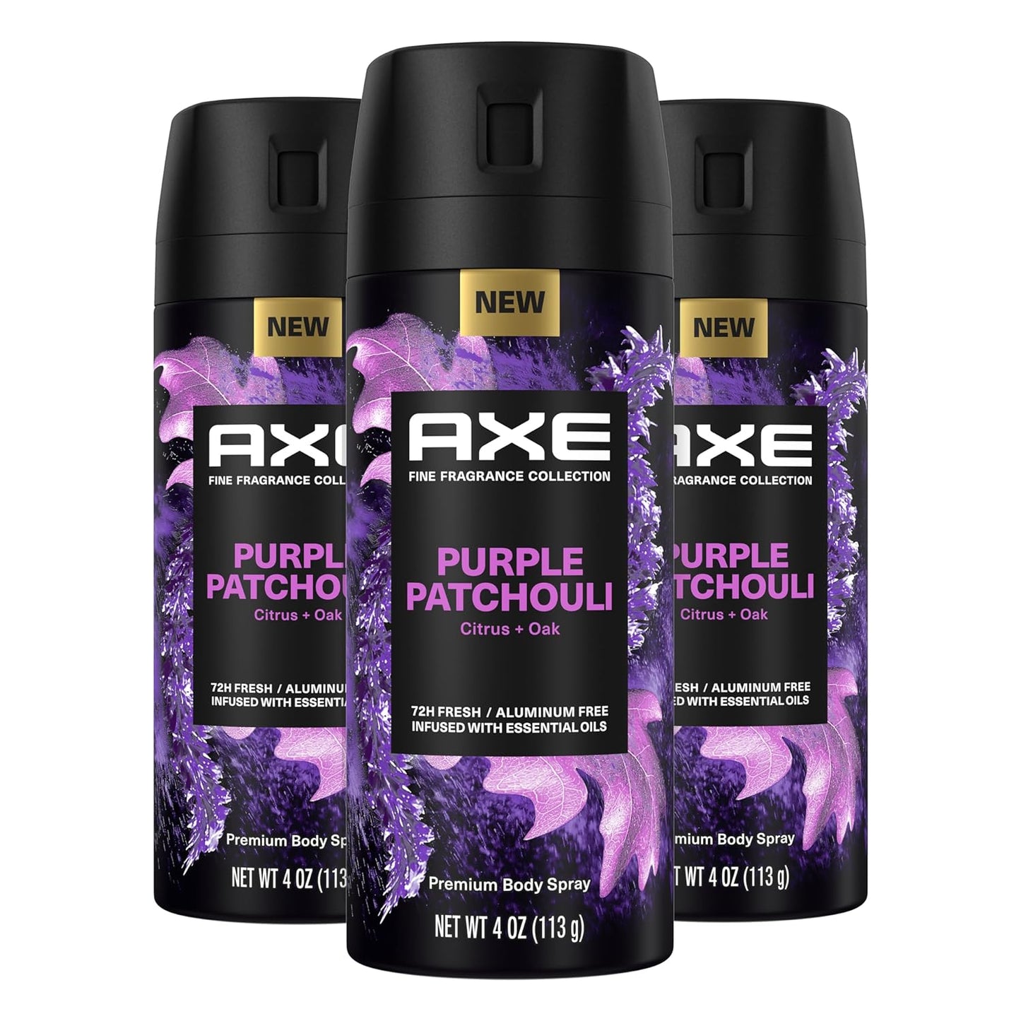 AXE Fine Fragrance Collection Premium Body Spray Purple Patchouli with Citrus + Oak Essential Oils 3 Count with 72H Odor Protection Aluminum-Free 4 oz
