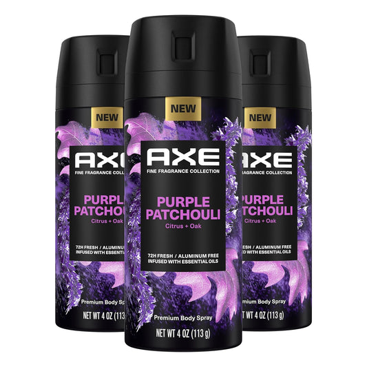 AXE Fine Fragrance Collection Premium Body Spray Purple Patchouli with Citrus + Oak Essential Oils 3 Count with 72H Odor Protection Aluminum-Free 4 oz