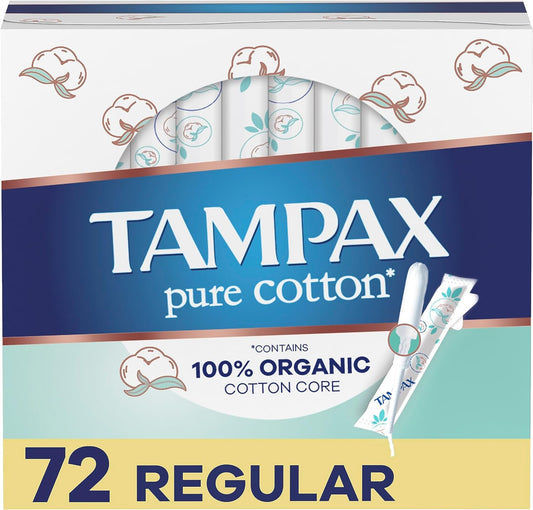 Tampax Pure Cotton Tampons, Contains 100% Organic Cotton Core, Regular Absorbency, Unscented, 24 Count x 3 Packs (72 Count total)