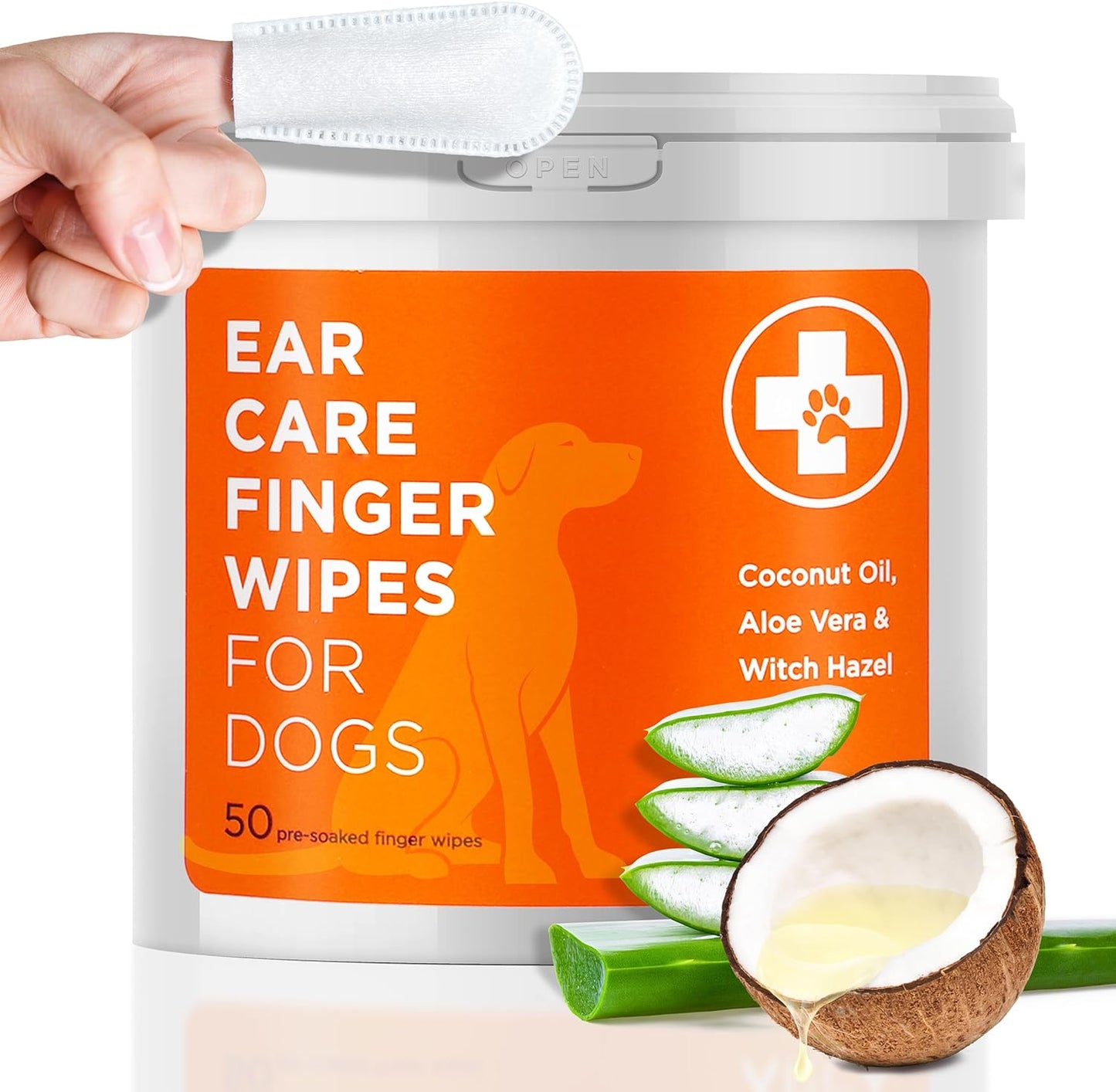 Dog Ear Cleaner Wipes - Cleanser for Dogs - Ear Itching, Dissolves Wax, Dirt & Odor with Coconut Oil & Aloe Vera (50 Finger Wipes)