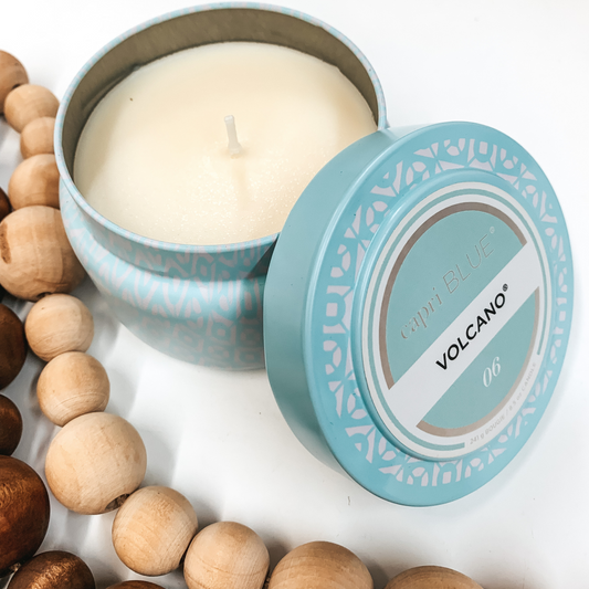 Capri Blue | 8.5 oz. Printed Tin Travel Candle in Aqua Blue  | Volcano
