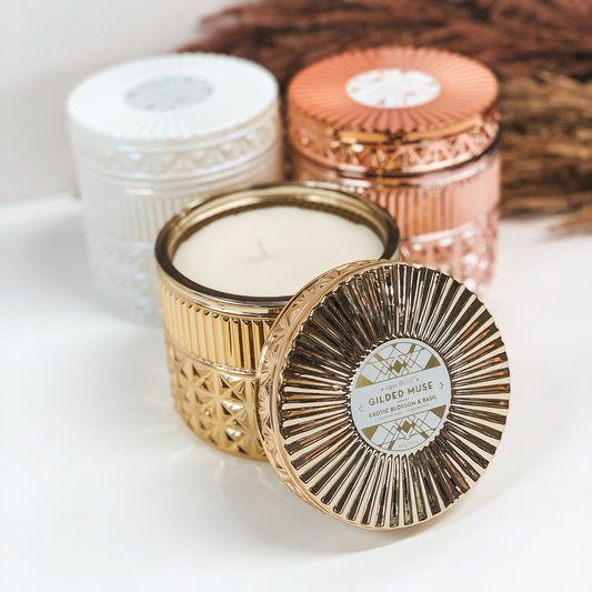 Capri Blue | 11 oz. Gold Faceted Candle | Exotic Blossom & Basil