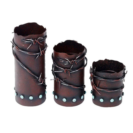 BARBWIRE & TURQUOISE PILLAR CANDLE HOLDER (SET OF 3)