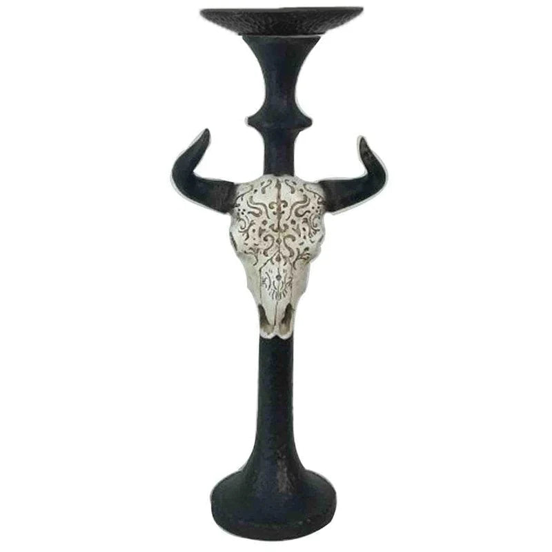 CARVED SKULL TAPERED PILLAR CANDLE HOLDER