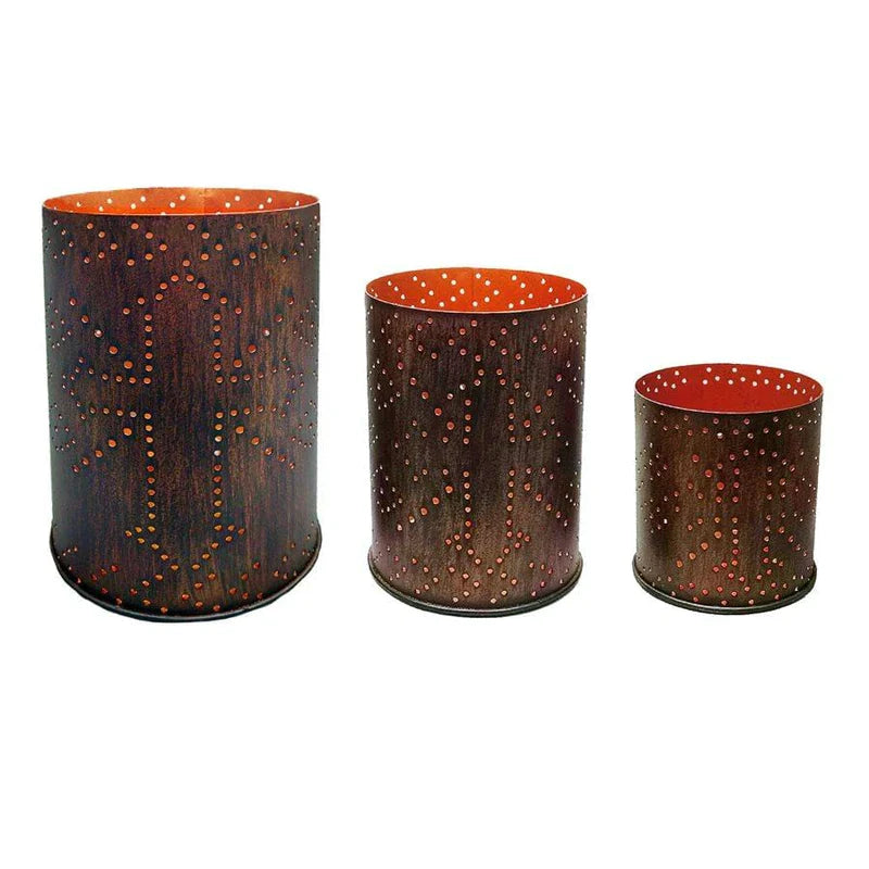 CROSS DISTRESSED METAL CYLINDER PILLAR CANDLE HOLDER (SET OF 3)