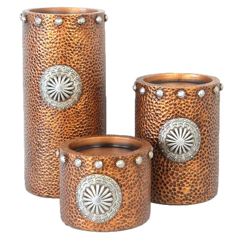 FAUX HAMMERED COPPER WITH CONCHO 3PC CANDLE HOLDER SET