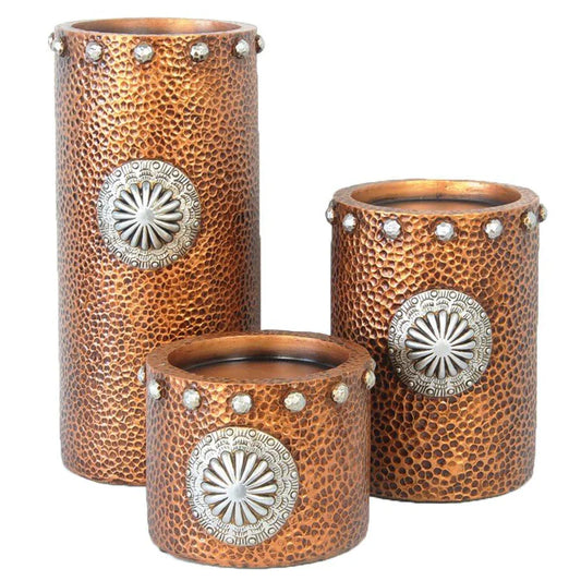 FAUX HAMMERED COPPER WITH CONCHO 3PC CANDLE HOLDER SET