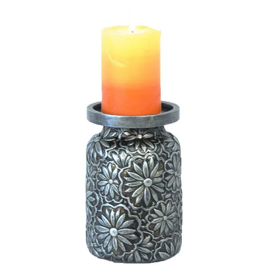 FAUX METAL EMBOSSED FLOWER PILLAR CANDLE HOLDER