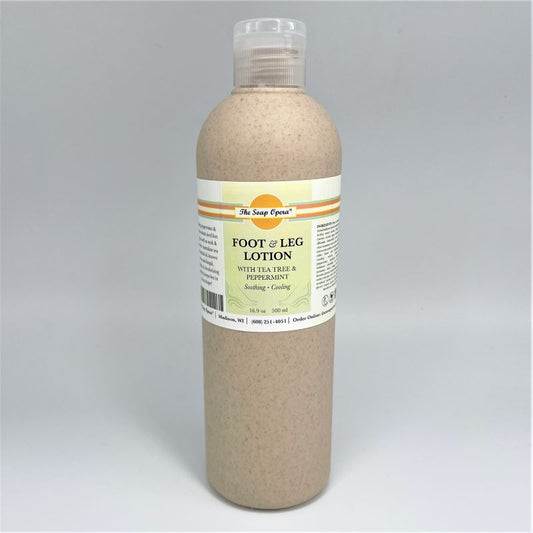 the soap opera foot and leg lotion with tea tree and peppermint soothing spa moisturizer 16.9oz size scented essential oils in bottle