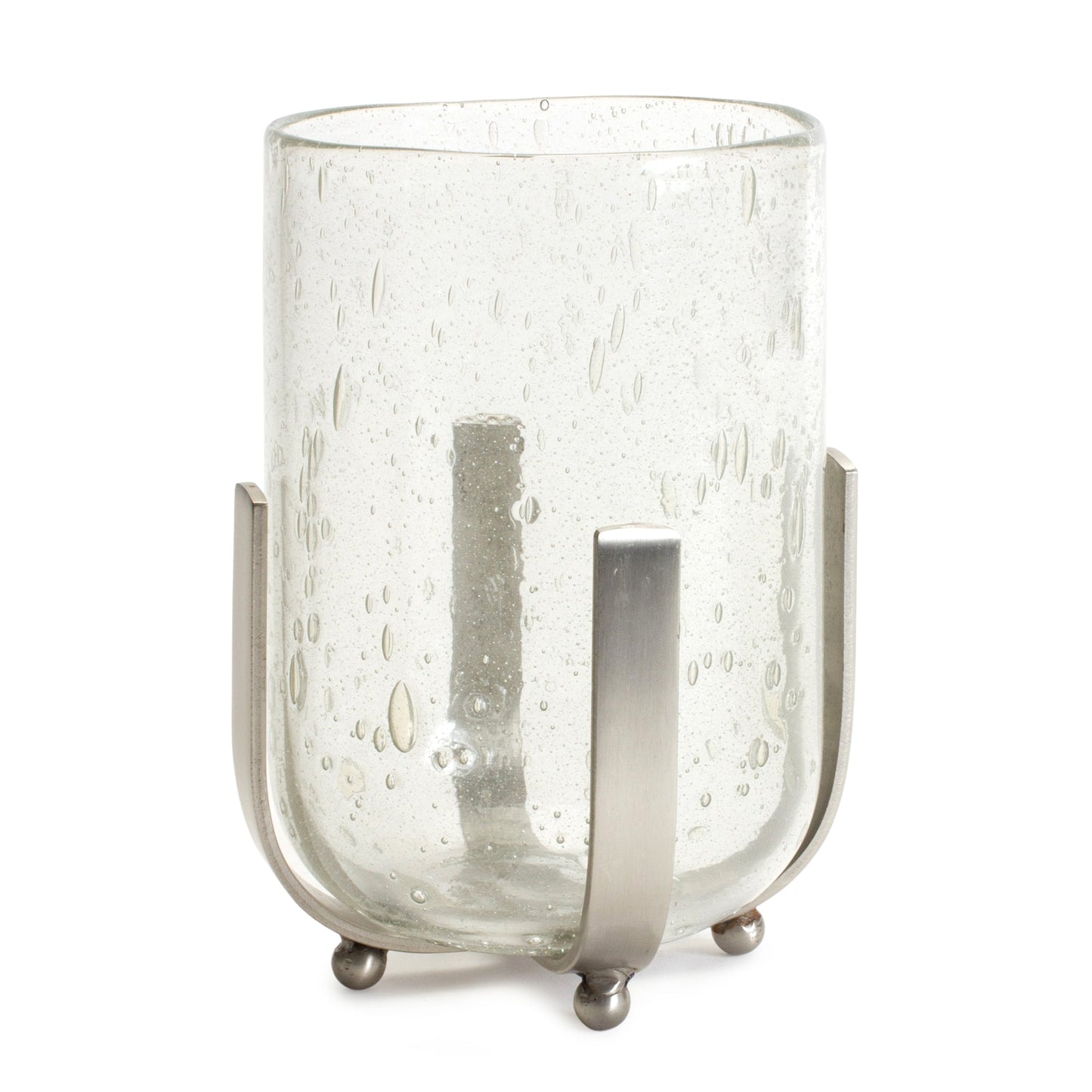 Bubbled 7.75" Glass Vase Candle Hurricane with Metal Stand